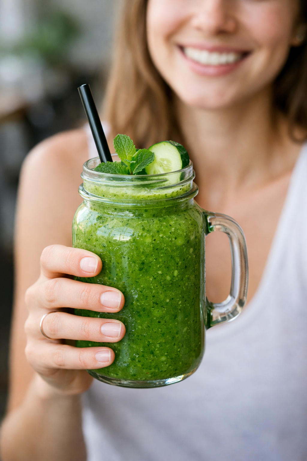 Girl holding a green smoothie in a Mason Jar